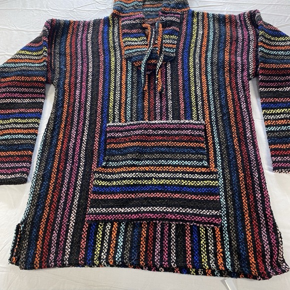 Vintage Baja Hoodie Multicolor Striped Mexican Pullover Poncho No Size Y2K - Picture 2 of 8